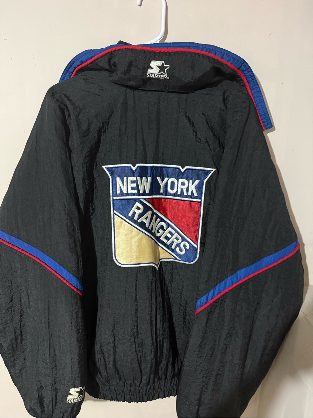 Black Bomber Jacket with Blue & Red Trim - New York Rangers Style - Picture 2 of 16